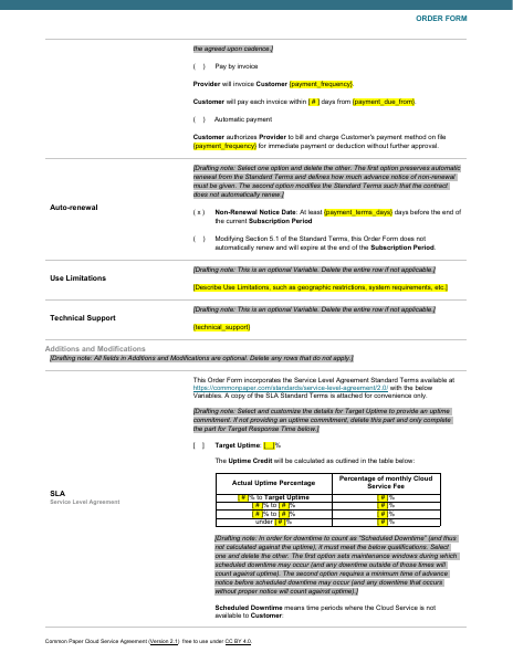 CSA With SLA template preview