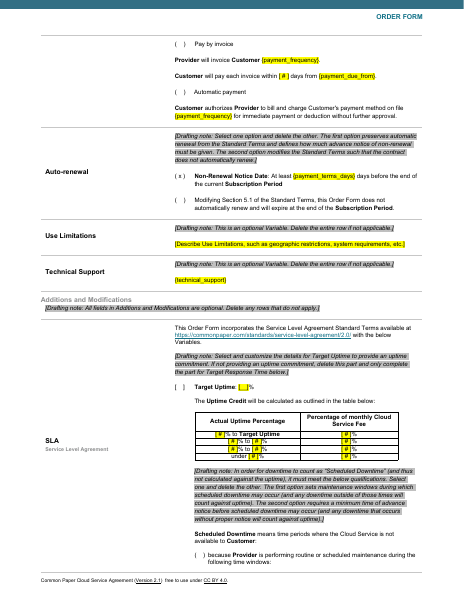 Order Form with SLA template preview