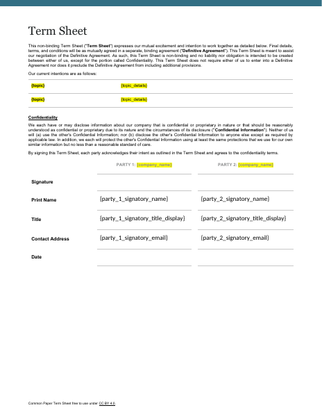 Term Sheet template preview