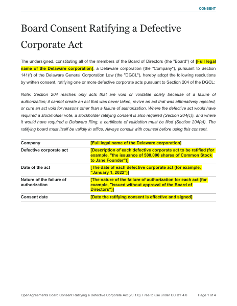 Board Consent Ratifying a Defective Corporate Act template preview