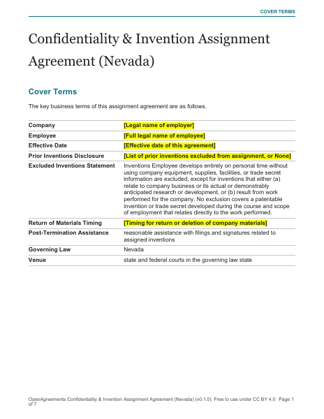 Confidentiality & Invention Assignment Agreement (Nevada) template preview