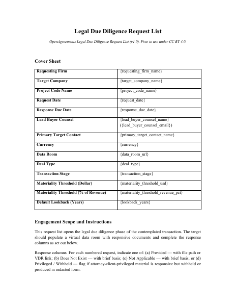 Legal Due Diligence Request List template preview