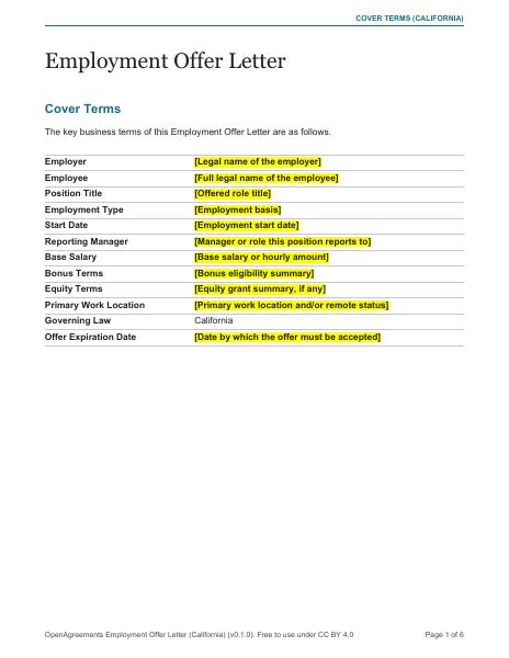 Employment Offer Letter (California) template preview