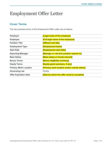 Employment Offer Letter (Florida) template preview