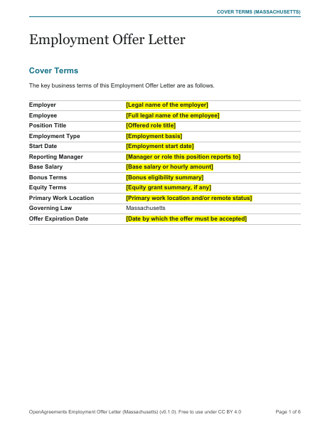 Employment Offer Letter (Massachusetts) template preview