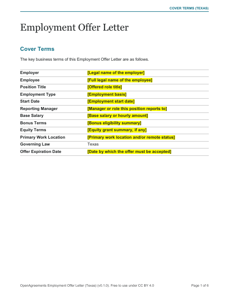 Employment Offer Letter (Texas) template preview