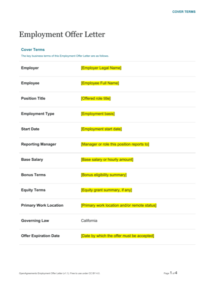 Employment Offer Letter template preview