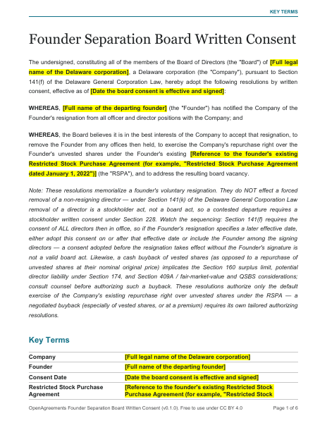Founder Separation Board Written Consent template preview