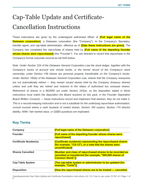 Cap-Table Update and Certificate-Cancellation Instructions template preview