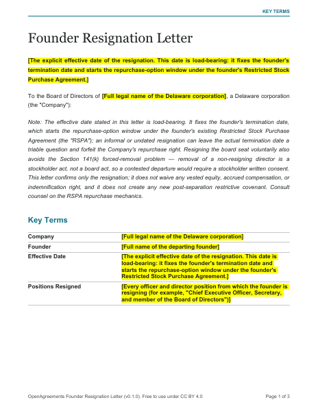 Founder Resignation Letter template preview