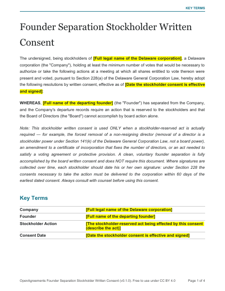 Founder Separation Stockholder Written Consent template preview