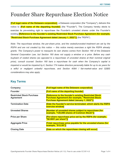 Founder Share Repurchase Election Notice template preview