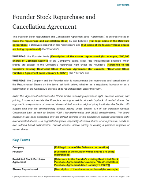 Founder Stock Repurchase and Cancellation Agreement template preview