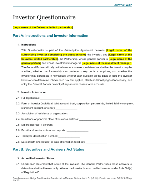 Hedge Fund Investor Questionnaire (Manager Outside the U.S.) template preview