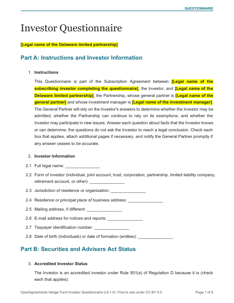 Hedge Fund Investor Questionnaire template preview