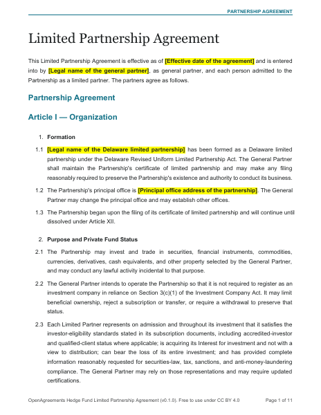 Hedge Fund Limited Partnership Agreement template preview