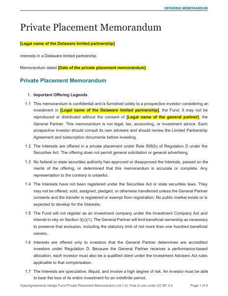 Hedge Fund Private Placement Memorandum template preview