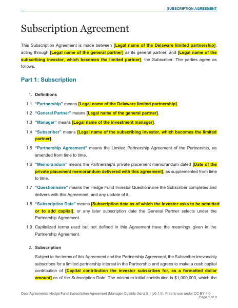 Hedge Fund Subscription Agreement (Manager Outside the U.S.) template preview
