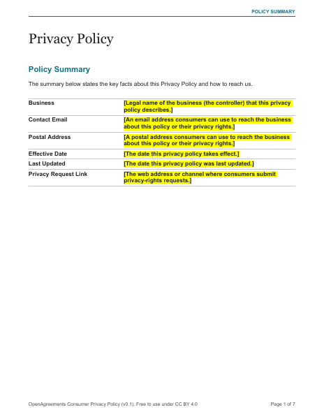 Consumer Privacy Policy template preview