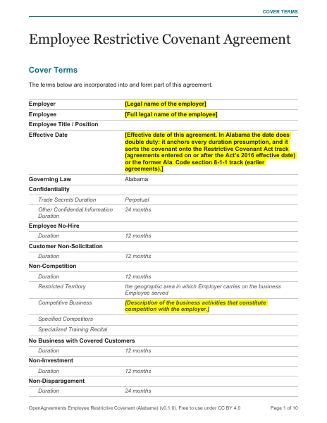 Employee Restrictive Covenant (Alabama) template preview