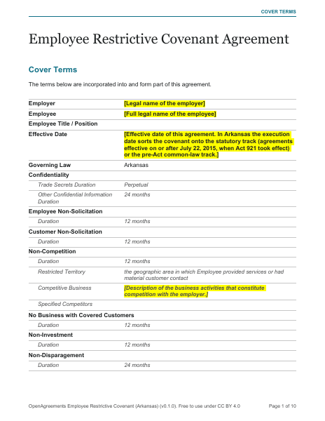 Employee Restrictive Covenant (Arkansas) template preview