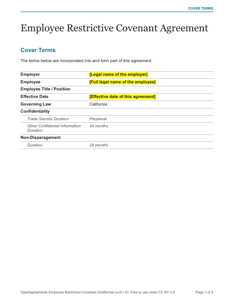 Employee Restrictive Covenant (California) template preview