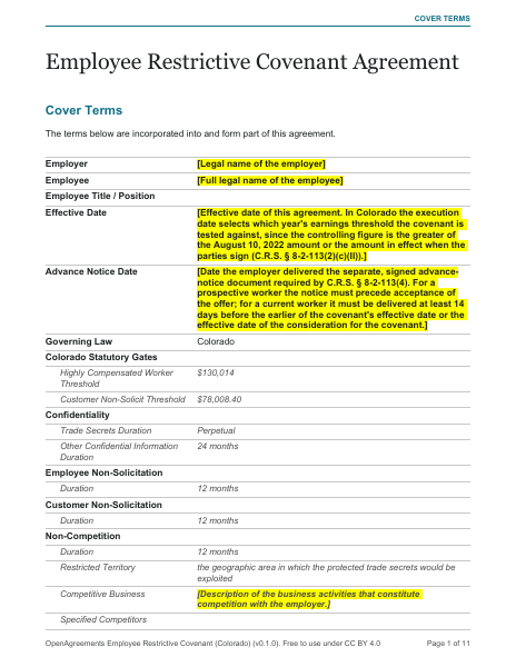 Employee Restrictive Covenant (Colorado) template preview