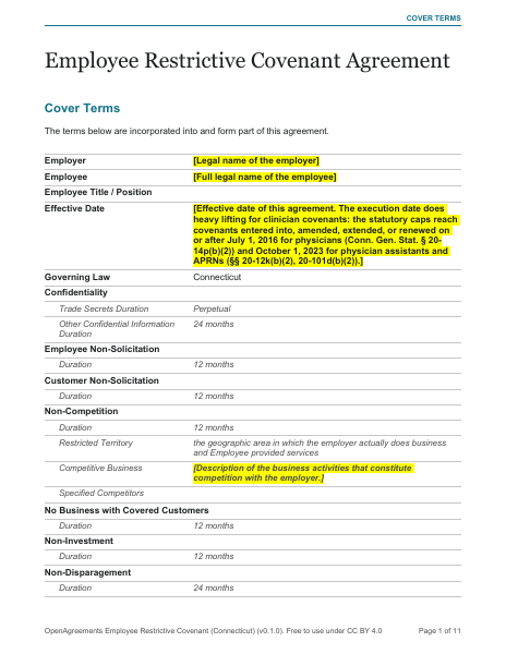 Employee Restrictive Covenant (Connecticut) template preview