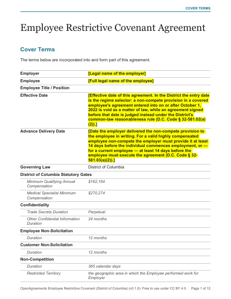 Employee Restrictive Covenant (District of Columbia) template preview