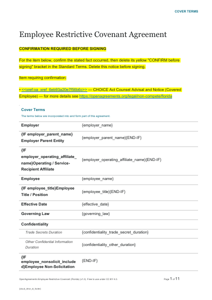 Employee Restrictive Covenant (Florida) template preview