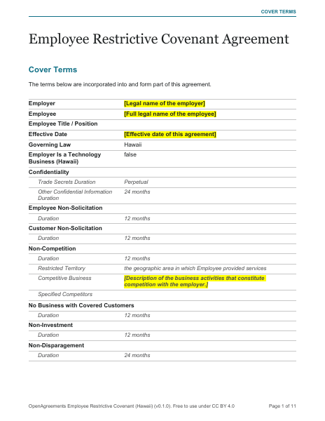 Employee Restrictive Covenant (Hawaii) template preview