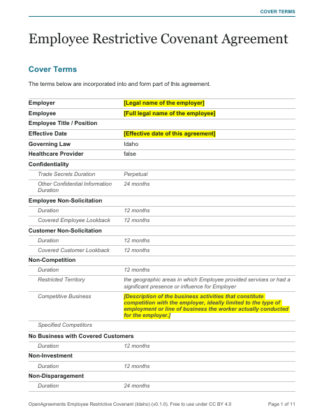 Employee Restrictive Covenant (Idaho) template preview