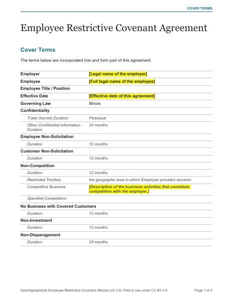 Employee Restrictive Covenant (Illinois) template preview