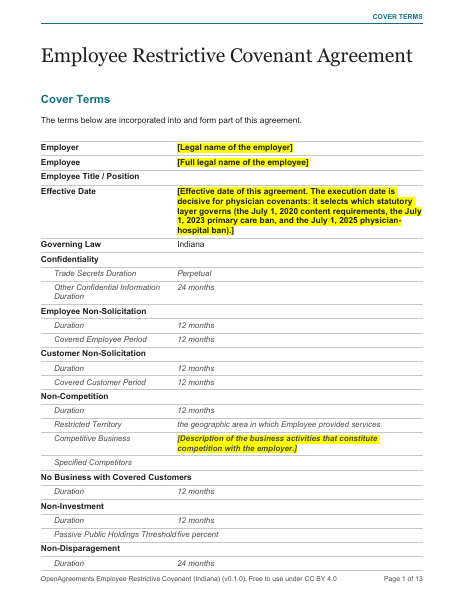 Employee Restrictive Covenant (Indiana) template preview