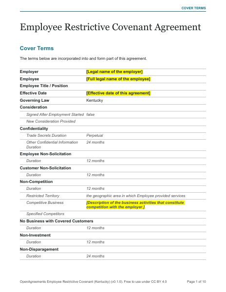 Employee Restrictive Covenant (Kentucky) template preview