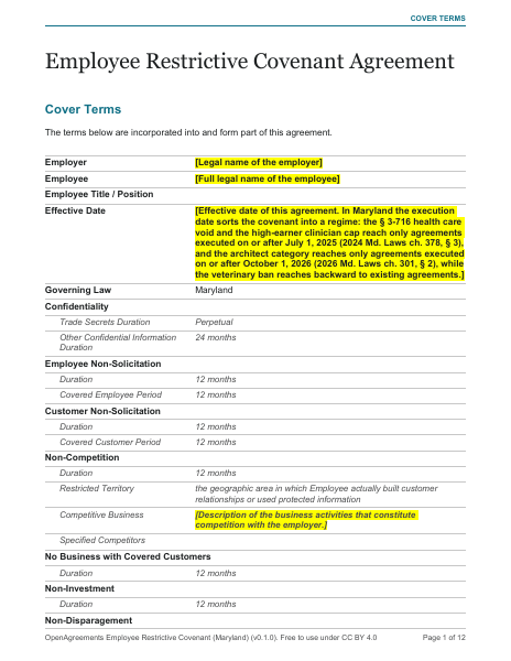 Employee Restrictive Covenant (Maryland) template preview