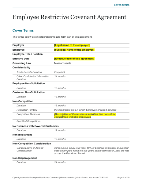 Employee Restrictive Covenant (Massachusetts) template preview