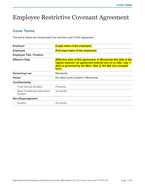 Employee Restrictive Covenant (Minnesota) template preview