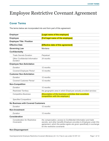 Employee Restrictive Covenant (Montana) template preview