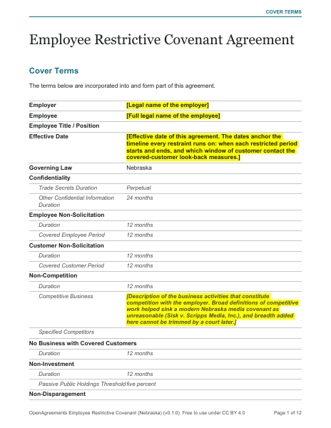 Employee Restrictive Covenant (Nebraska) template preview
