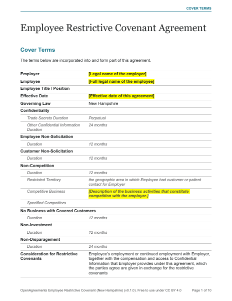 Employee Restrictive Covenant (New Hampshire) template preview