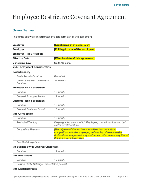Employee Restrictive Covenant (North Carolina) template preview