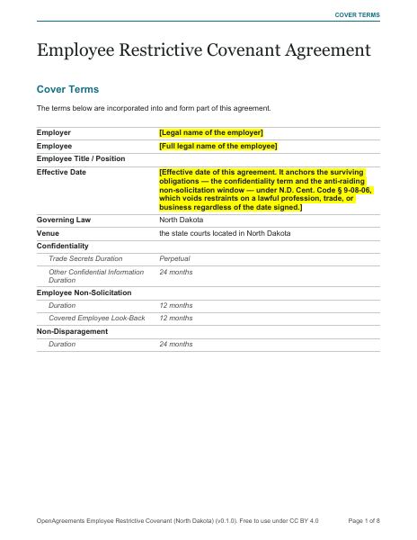 Employee Restrictive Covenant (North Dakota) template preview