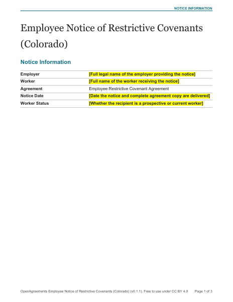 Employee Notice of Restrictive Covenants (Colorado) template preview