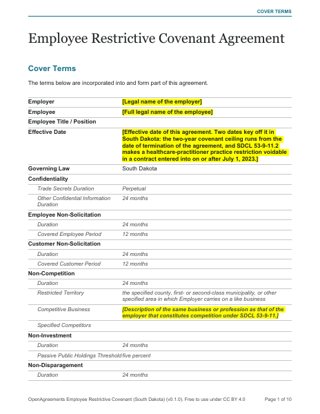Employee Restrictive Covenant (South Dakota) template preview