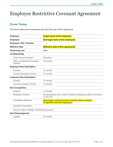Employee Restrictive Covenant (Utah) template preview
