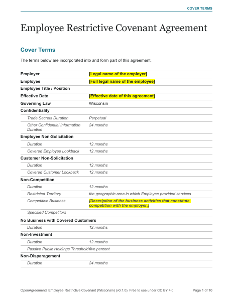 Employee Restrictive Covenant (Wisconsin) template preview