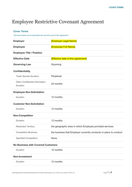 Employee Restrictive Covenant (Wyoming) template preview