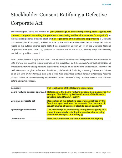 Stockholder Consent Ratifying a Defective Corporate Act template preview