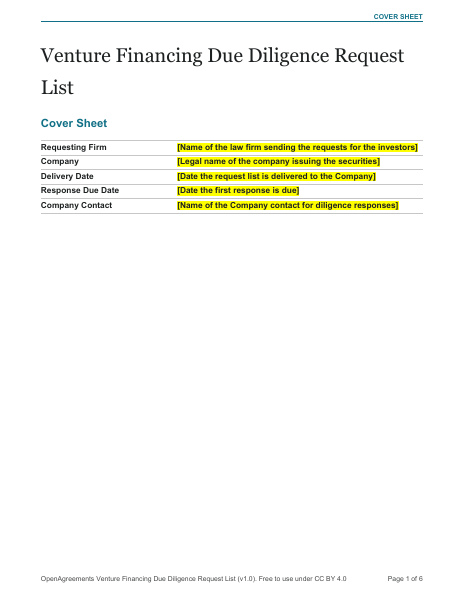 Venture Financing Due Diligence Request List template preview